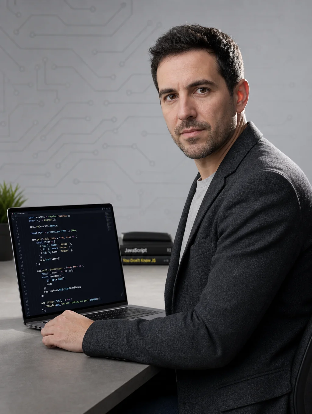 Portrait of Marcus Thorne, Technical Lead at Spotlight Digital, high-contrast lighting