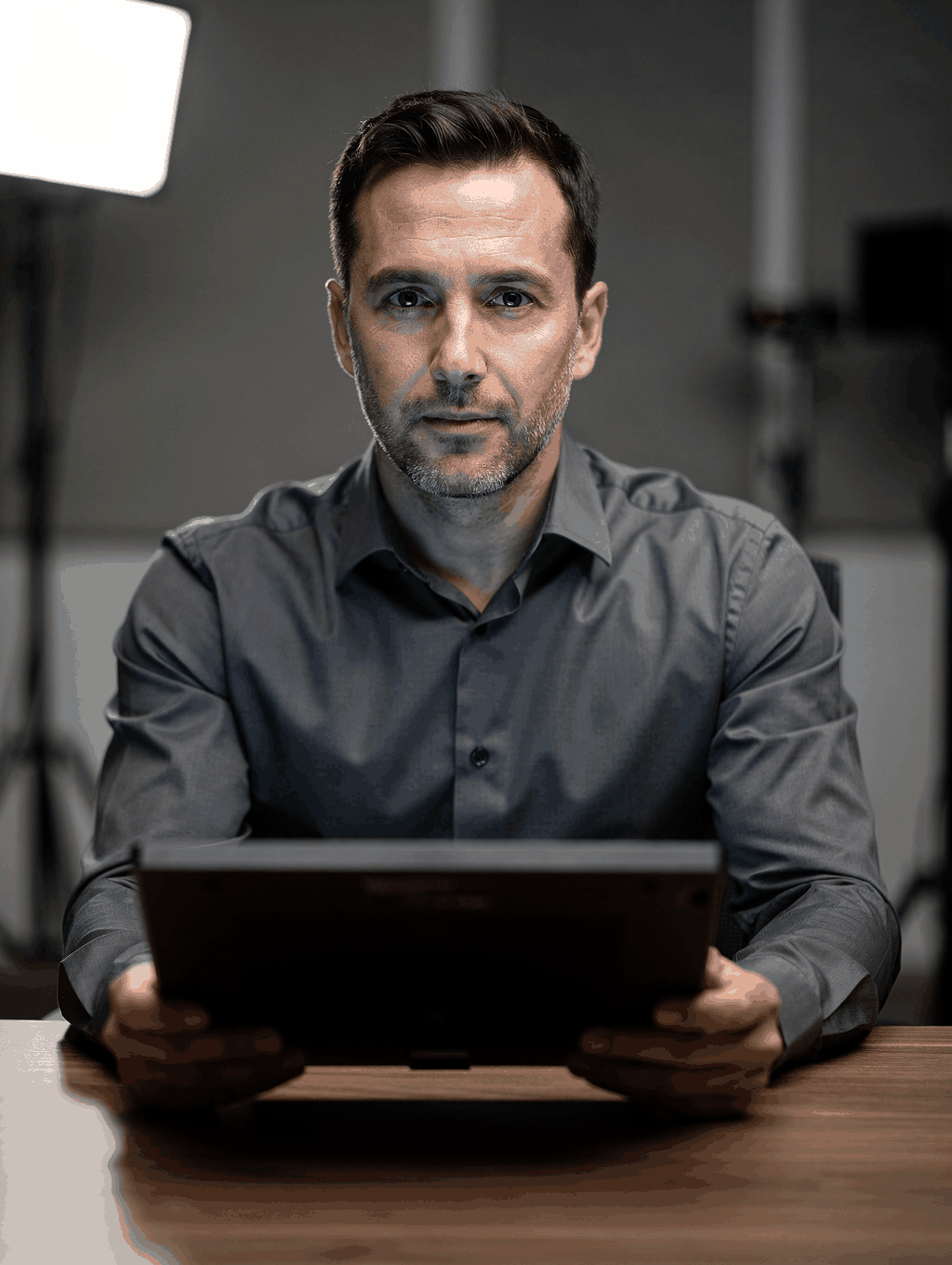 Portrait of David Wu, SEO Specialist at Spotlight Digital, dramatic single-source light